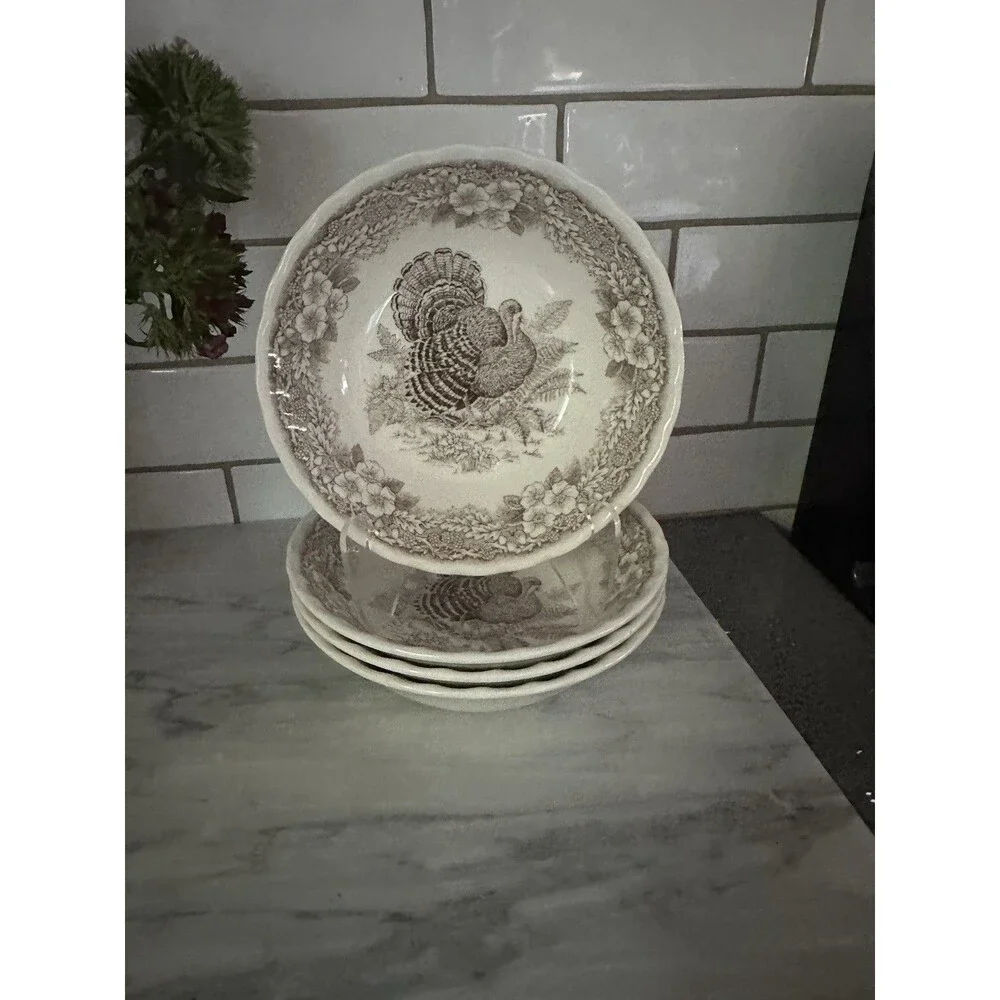 4 Queen’s Myott Thanksgiving Turkey cereal / soup bowls Myott factory Archive